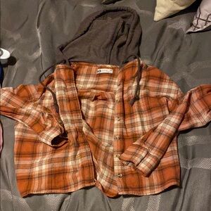 SO Plaid Hooded Shirt Jacket - Orange and Brown